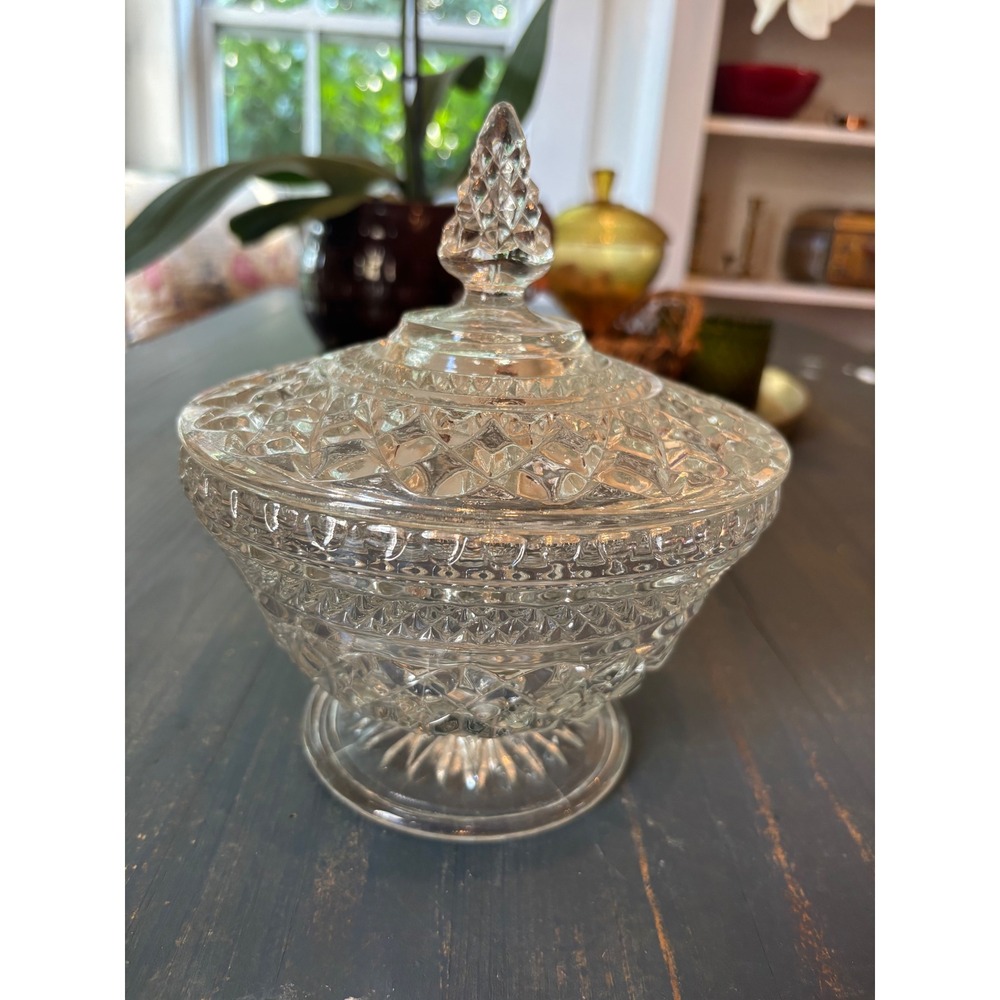 Vintage Clear Pressed Glass Candy Dish with Lid Diamond Point Pedestal Compote
